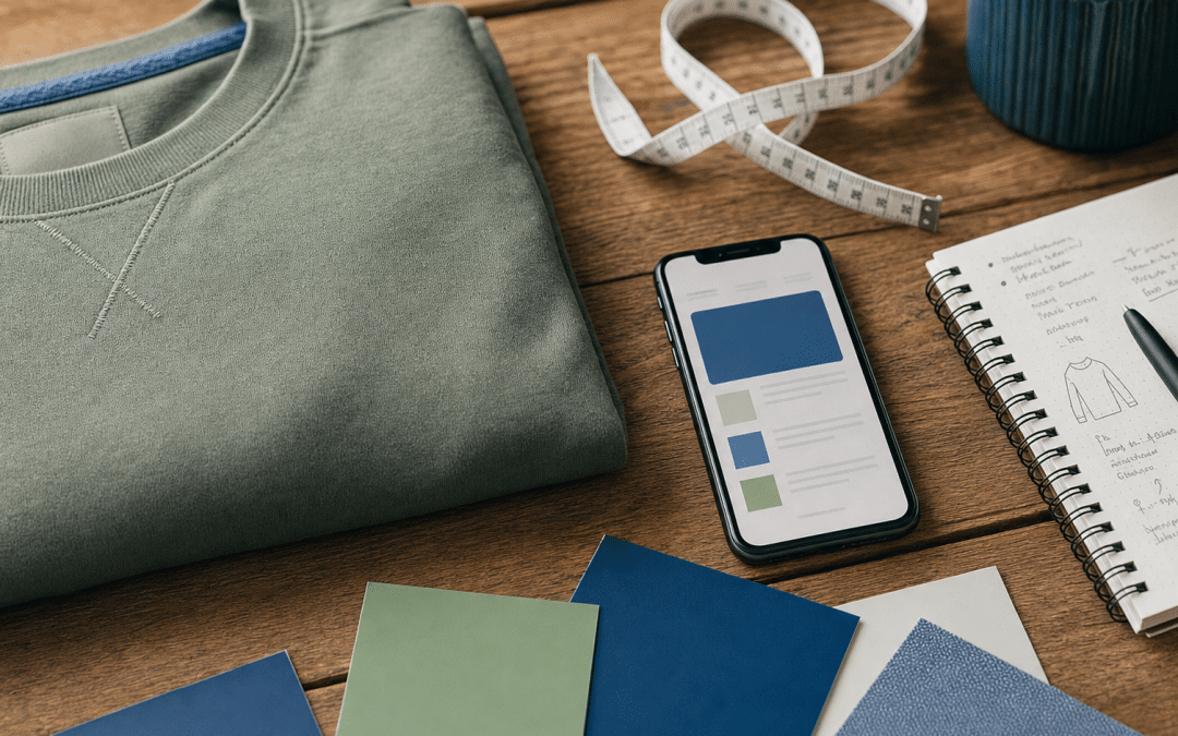 ecommerce product page optimization flat-lay with smartphone garment and notes on wood surface