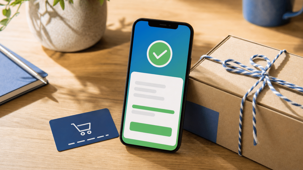 ecommerce repeat purchase strategy — smartphone showing post-purchase order confirmation on a desk with loyalty card
