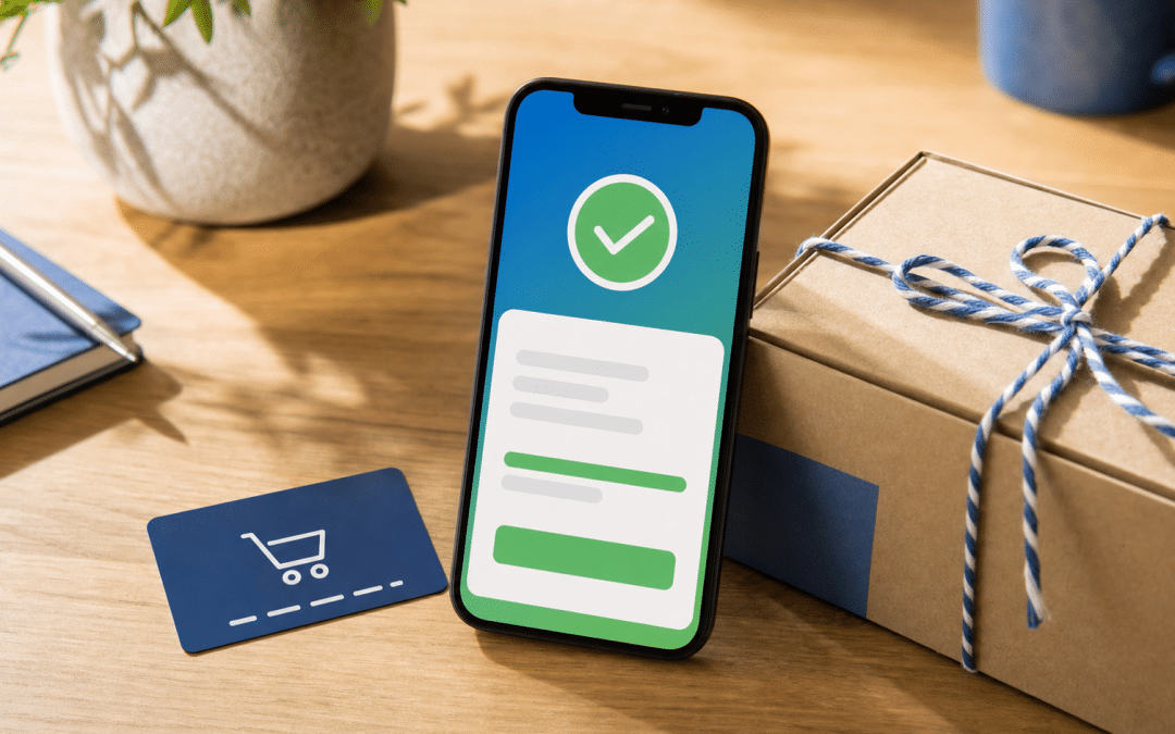 ecommerce repeat purchase strategy — smartphone showing post-purchase order confirmation on a desk with loyalty card