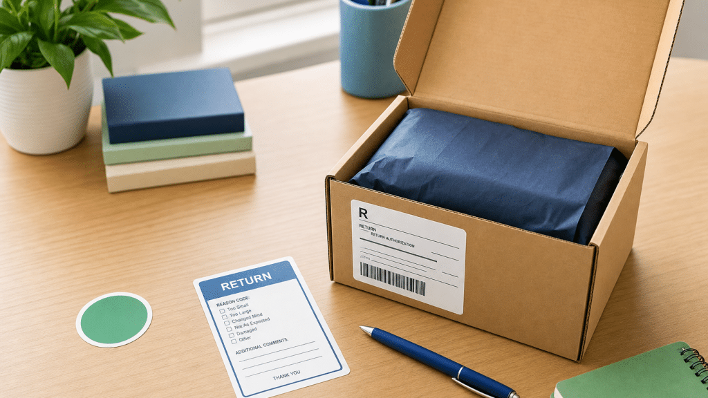 ecommerce returns experience best practices — SA store returns packaging with shipping label on wooden desk