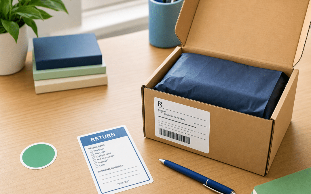 ecommerce returns experience best practices — SA store returns packaging with shipping label on wooden desk
