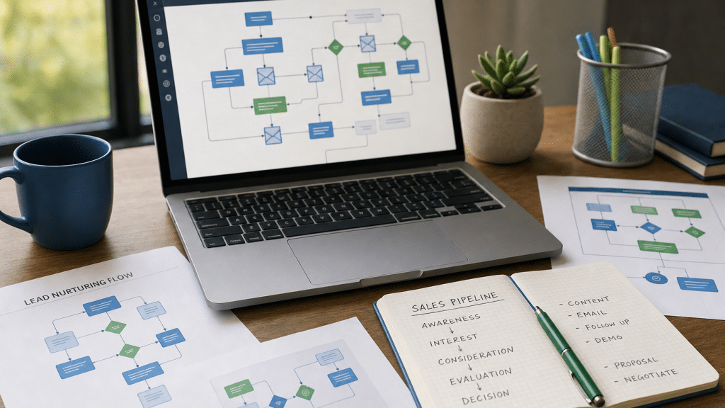 email automation for b2b lead nurturing workspace with laptop and workflow documents