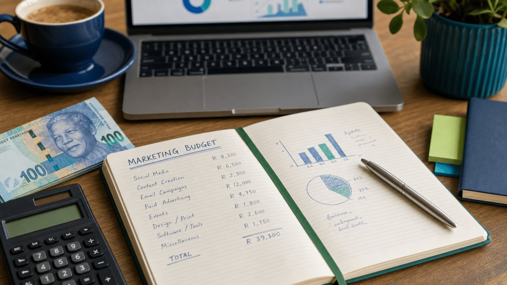 email marketing cost south africa - budget planning with calculator and rand notes