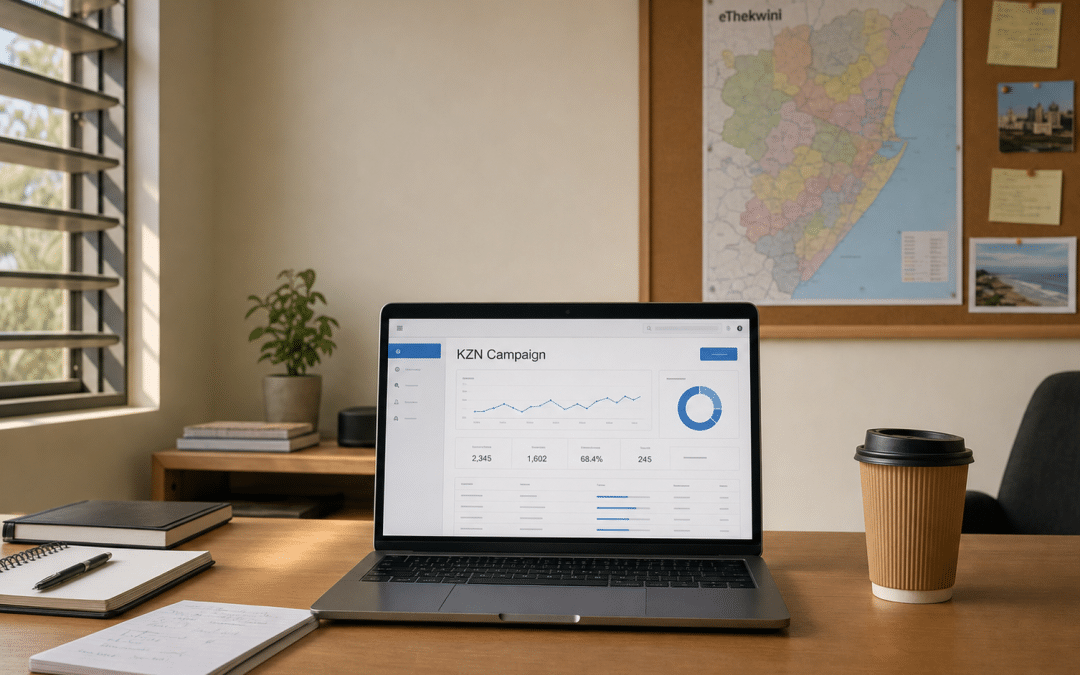 Email marketing Durban — a laptop showing a KZN campaign dashboard on a wooden desk in a Durban small-business office with a suburb map in the background