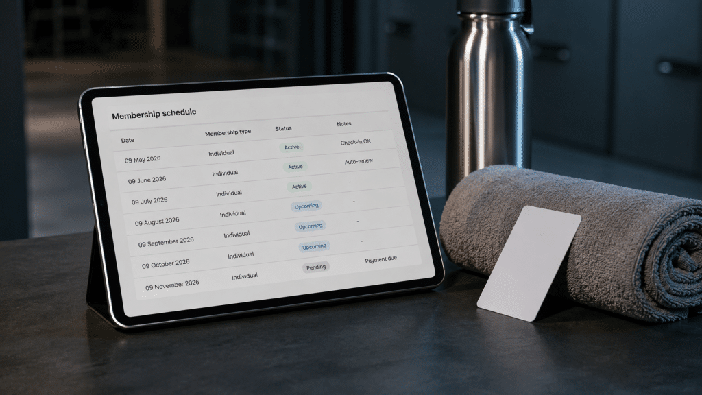 email marketing for gyms — tablet showing a membership renewal schedule beside an access card and water bottle