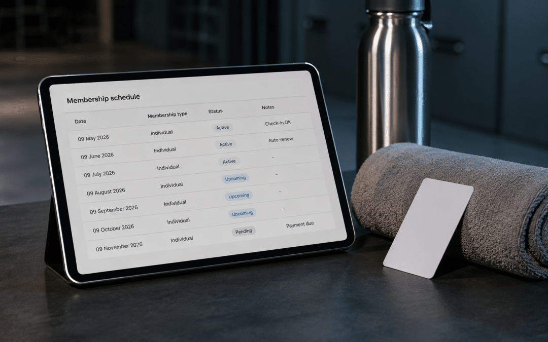 email marketing for gyms — tablet showing a membership renewal schedule beside an access card and water bottle