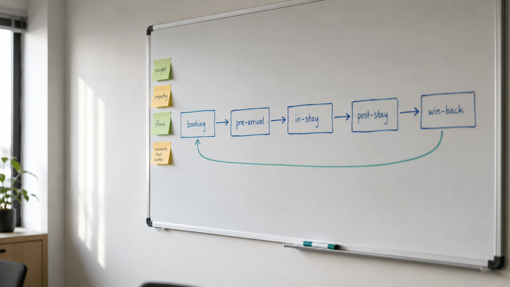 email marketing for hotels — whiteboard mapping a guest lifecycle from booking to repeat stay