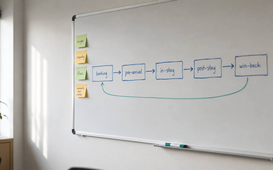 email marketing for hotels — whiteboard mapping a guest lifecycle from booking to repeat stay