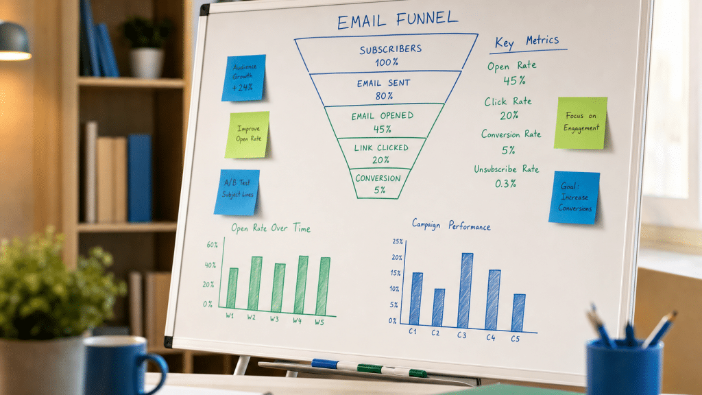 email marketing reporting dashboard — whiteboard showing email funnel KPI diagrams and performance metrics