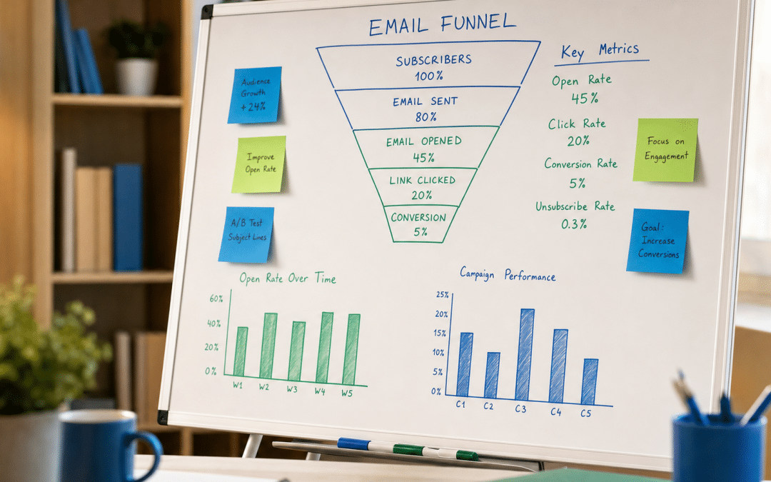 email marketing reporting dashboard — whiteboard showing email funnel KPI diagrams and performance metrics