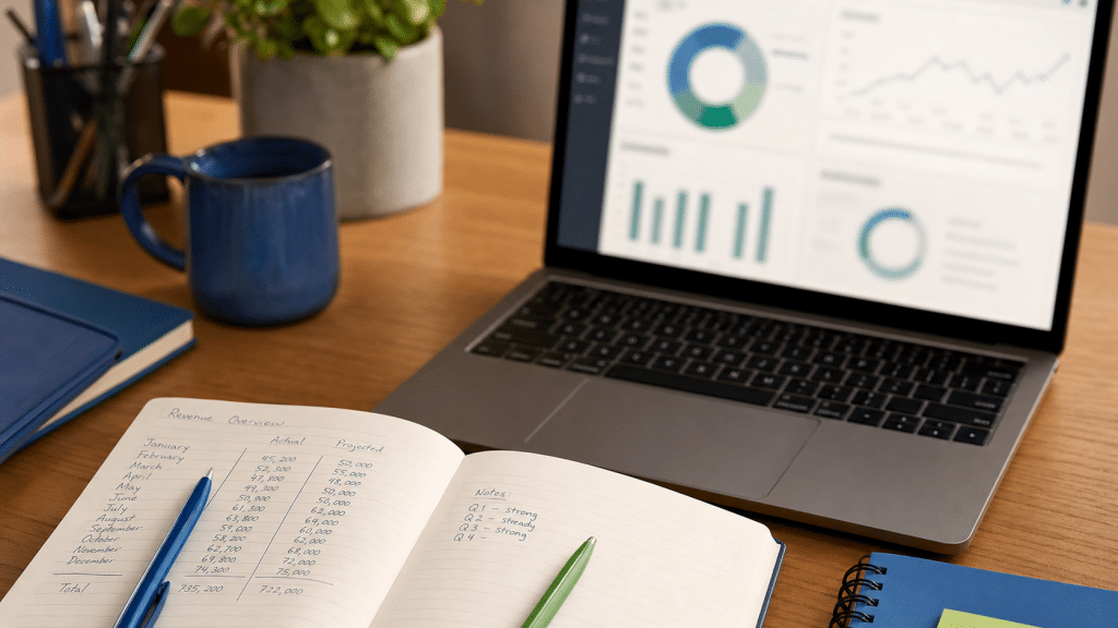 email revenue attribution setup showing laptop analytics and revenue notebook