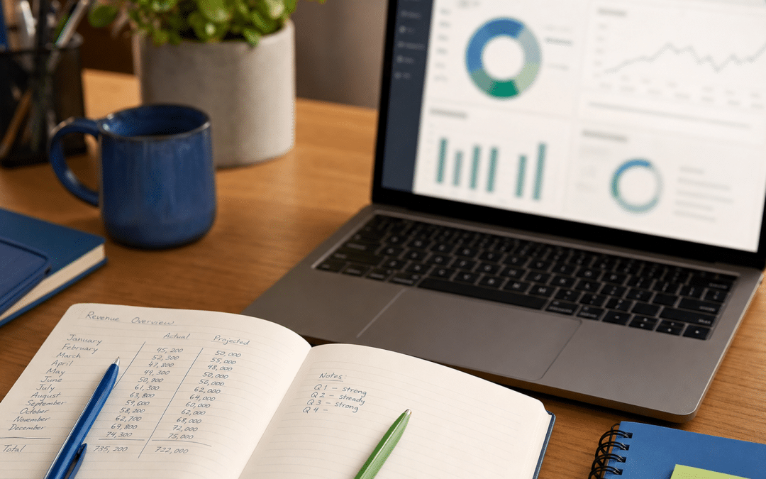 email revenue attribution setup showing laptop analytics and revenue notebook