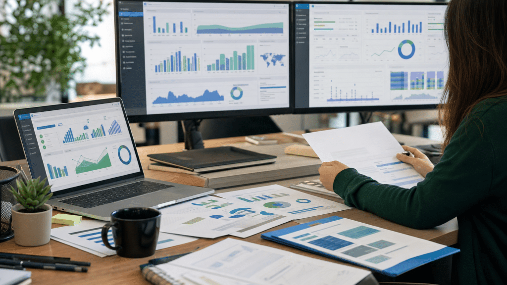 enterprise seo south africa — strategist reviewing multi-domain analytics dashboard at corporate desk
