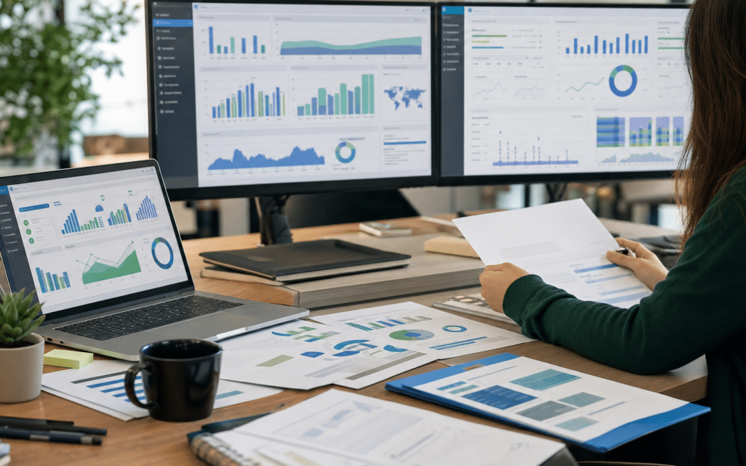 enterprise seo south africa — strategist reviewing multi-domain analytics dashboard at corporate desk