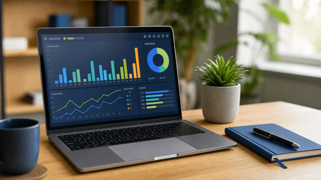 first party data tracking strategy — laptop showing analytics dashboard on a desk with a succulent