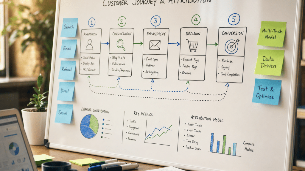 first touch attribution customer journey flow diagram on a whiteboard