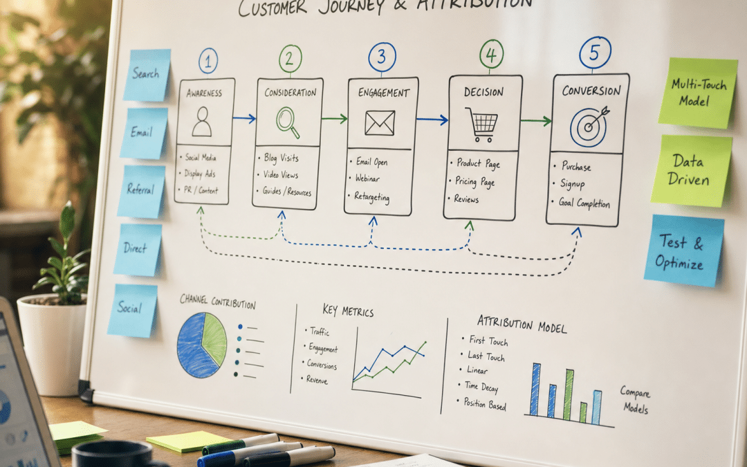 first touch attribution customer journey flow diagram on a whiteboard