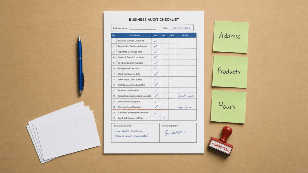 Fix wrong AI information audit checklist with correction marks, green sticky notes and red stamp on a light wooden desk