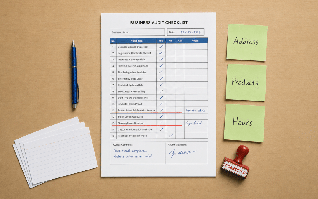 Fix wrong AI information audit checklist with correction marks, green sticky notes and red stamp on a light wooden desk
