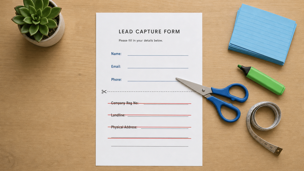 Form optimisation south africa illustrated by a printed lead form with unnecessary fields crossed out beside scissors and index cards on a wooden desk