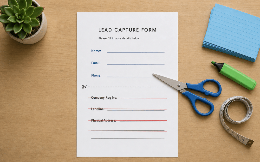 Form optimisation south africa illustrated by a printed lead form with unnecessary fields crossed out beside scissors and index cards on a wooden desk