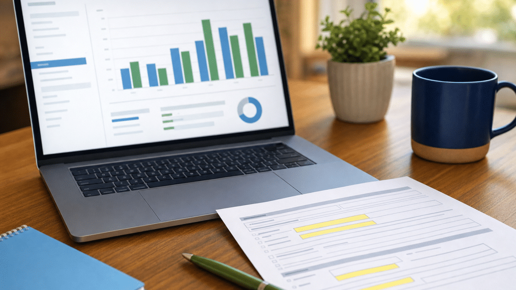 form tracking setup showing a laptop with analytics graph beside a printed form document and stationery on a wooden desk