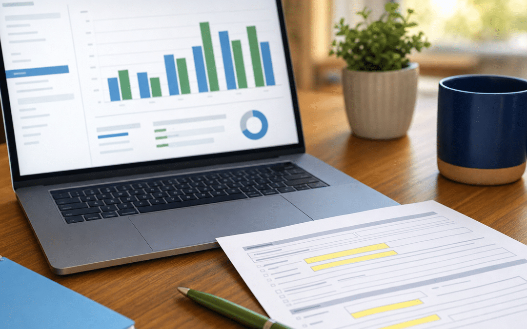 form tracking setup showing a laptop with analytics graph beside a printed form document and stationery on a wooden desk