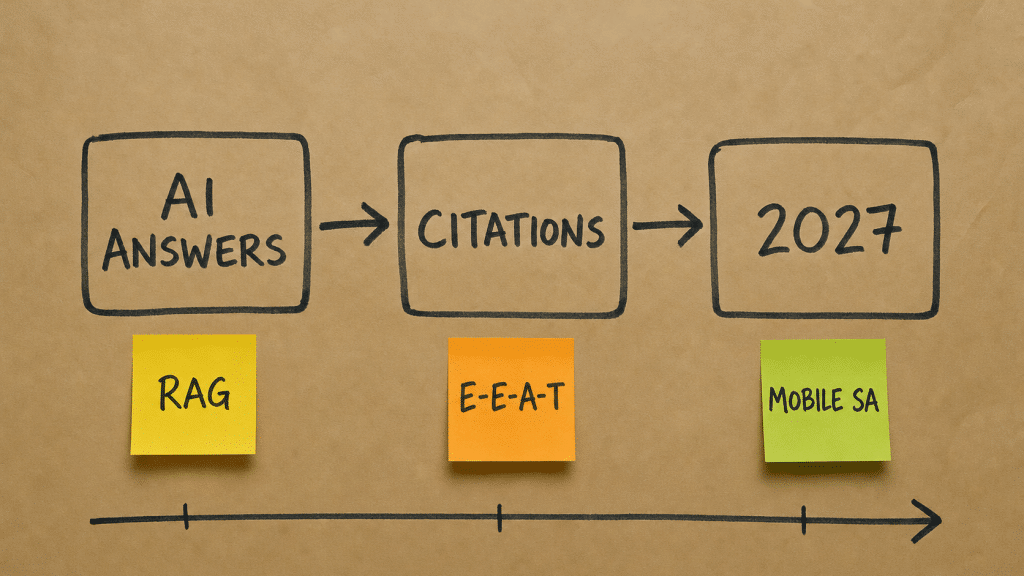 future of search south africa illustrated on a kraft-paper wall with hand-drawn boxes, arrows, and sticky notes showing AI citation and 2027 prediction framework