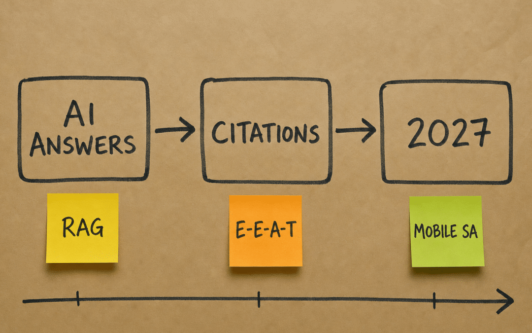 future of search south africa illustrated on a kraft-paper wall with hand-drawn boxes, arrows, and sticky notes showing AI citation and 2027 prediction framework
