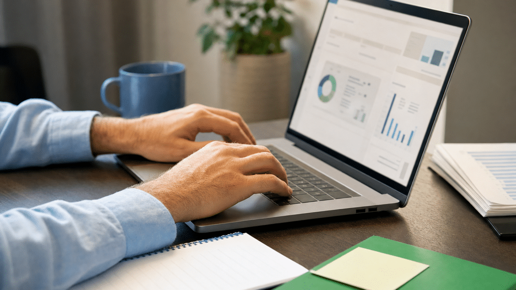 generative engine optimization for b2b - South African B2B procurement professional at desk with laptop and documents