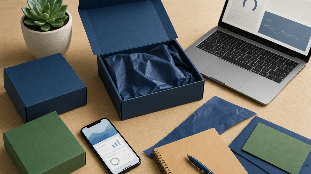 generative engine optimization for ecommerce - flat-lay of product packaging, smartphone, and laptop with blue and green accent items