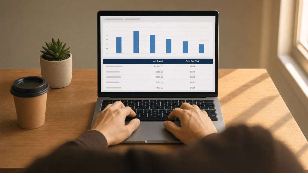 google ads cost Cape Town — hands typing on a laptop showing a PPC cost breakdown chart on screen
