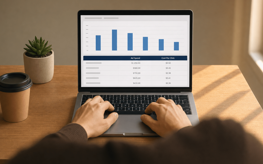 google ads cost Cape Town — hands typing on a laptop showing a PPC cost breakdown chart on screen