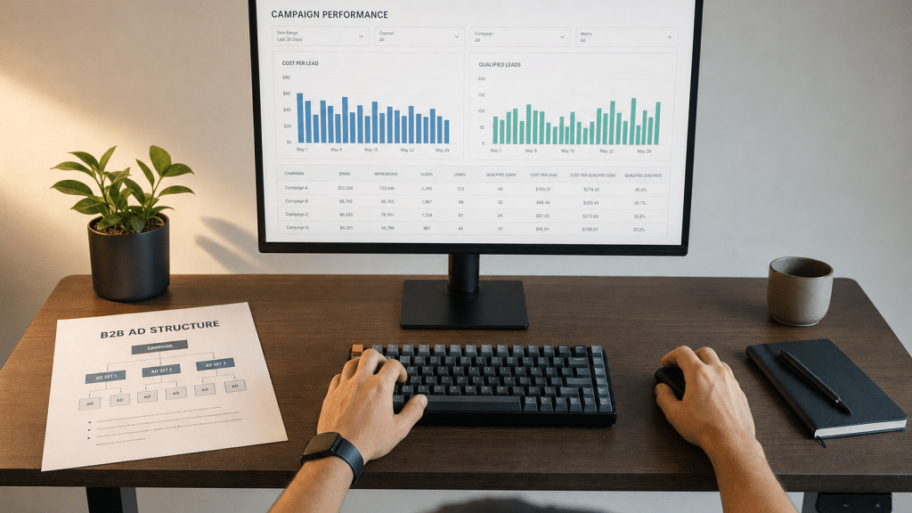 google ads for b2b campaign performance dashboard on screen with B2B ad structure document beside keyboard