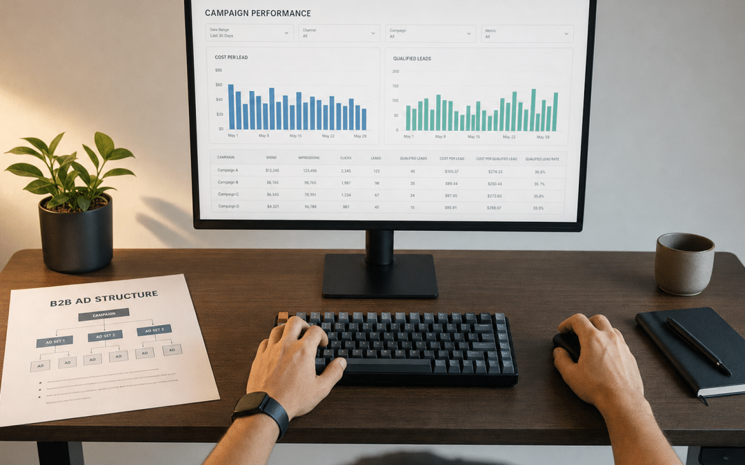 google ads for b2b campaign performance dashboard on screen with B2B ad structure document beside keyboard