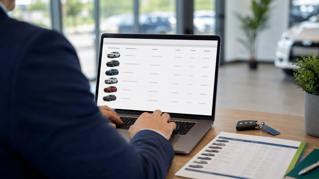 google ads for car dealerships — hands reviewing a vehicle stock list on a laptop at a dealership desk