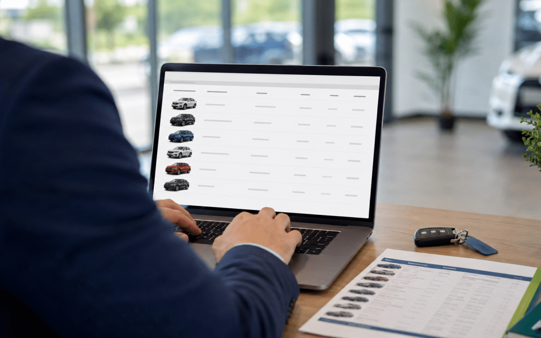 google ads for car dealerships — hands reviewing a vehicle stock list on a laptop at a dealership desk