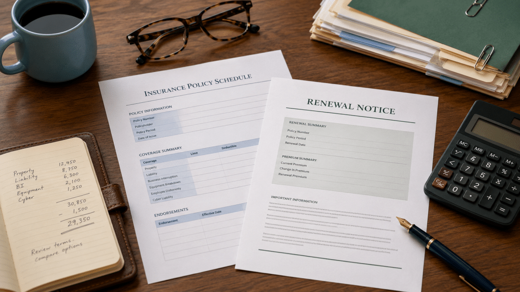 google ads for insurance brokers — policy schedules, calculator and notebook on a broker's desk