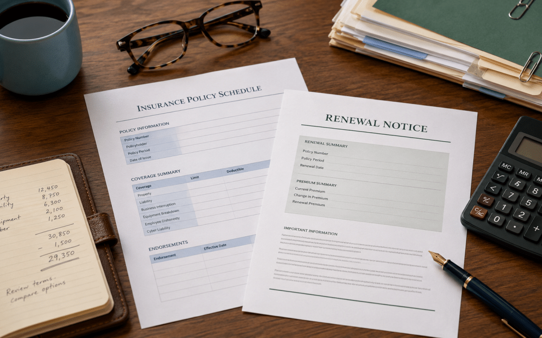 google ads for insurance brokers — policy schedules, calculator and notebook on a broker's desk