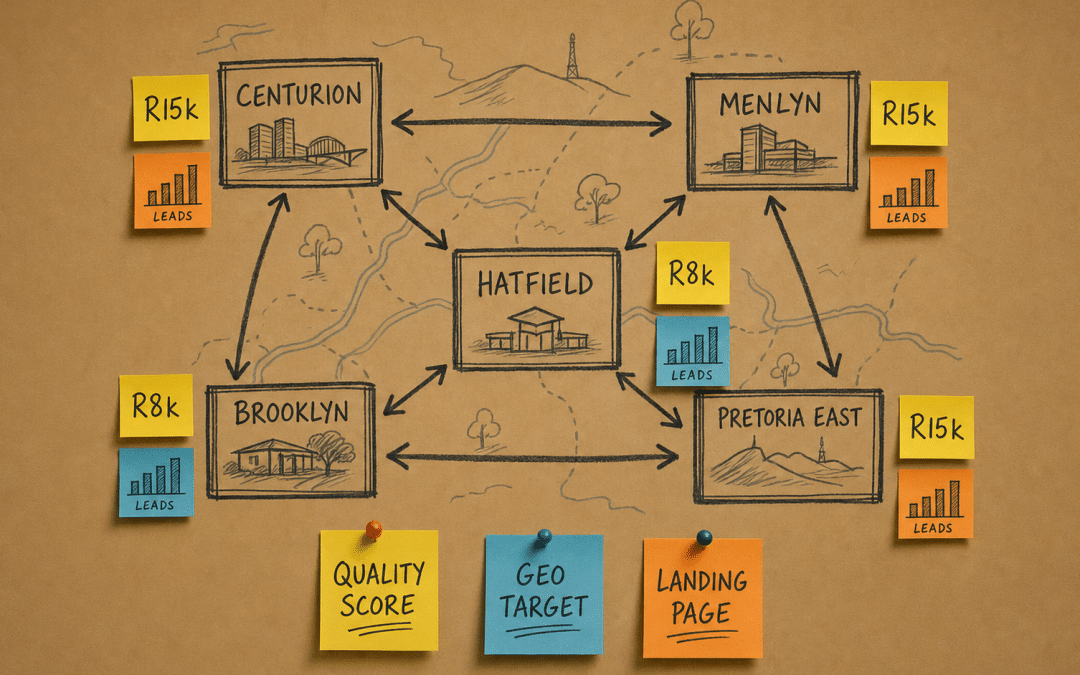 Google Ads Pretoria suburb map on kraft paper showing Centurion, Menlyn, Brooklyn, Hatfield, and Pretoria East with budget and lead indicators