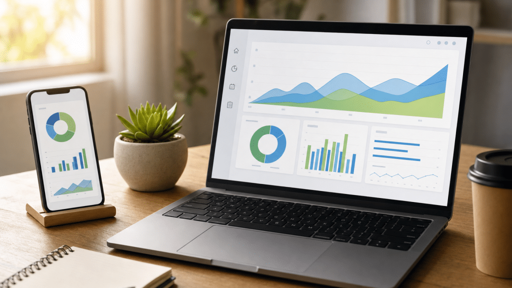 google analytics 4 for south african businesses — laptop and smartphone showing analytics data on a warm-lit wooden desk