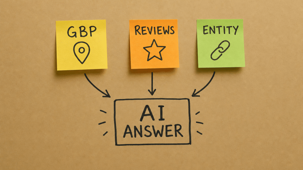 How ai chooses local businesses diagram showing GBP, reviews, and entity signals on a kraft-paper wall