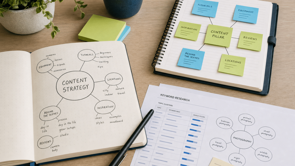 how to build topical authority — content planning notebooks and topic cluster diagram on a desk