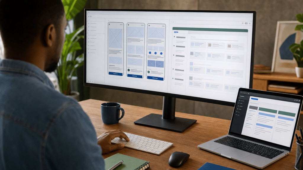 how to choose a cms for a business website - South African web designer reviewing CMS platform options at a studio desk