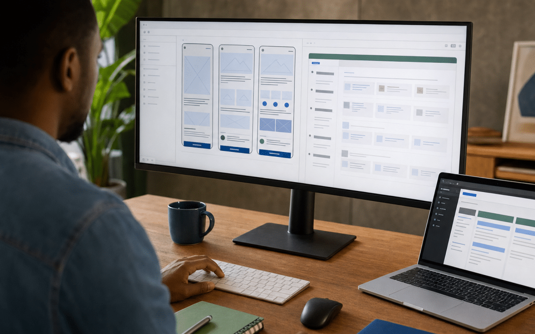 how to choose a cms for a business website - South African web designer reviewing CMS platform options at a studio desk