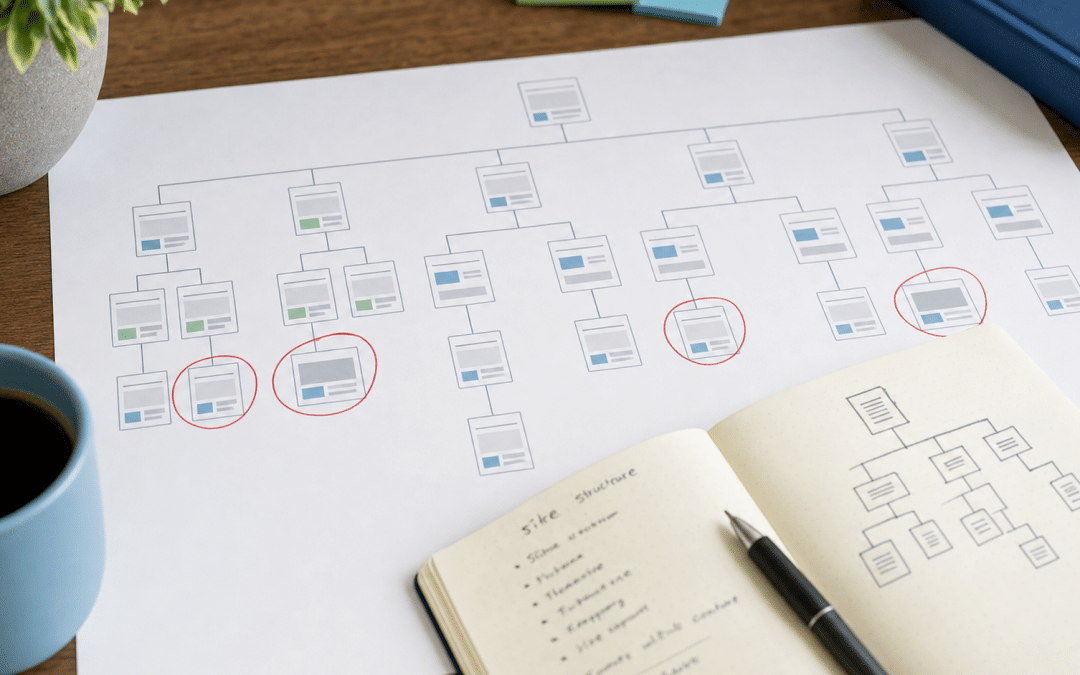 how to find orphan pages — printed sitemap diagram with disconnected pages circled in red