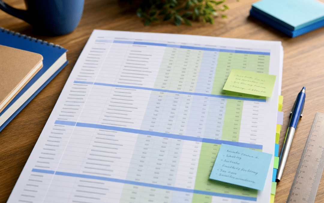 how to fix keyword cannibalisation — printed keyword audit spreadsheet with colour-coded tabs on a wooden desk