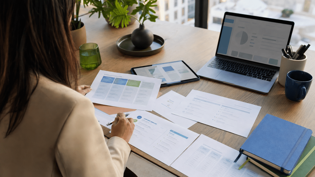 how to get cited by ai — marketing professional reviewing content strategy documents at Cape Town office desk