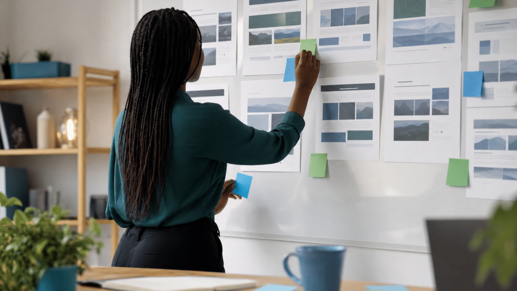 how to make content easier for ai to quote — content strategist reviewing pages with blue and green markings on whiteboard