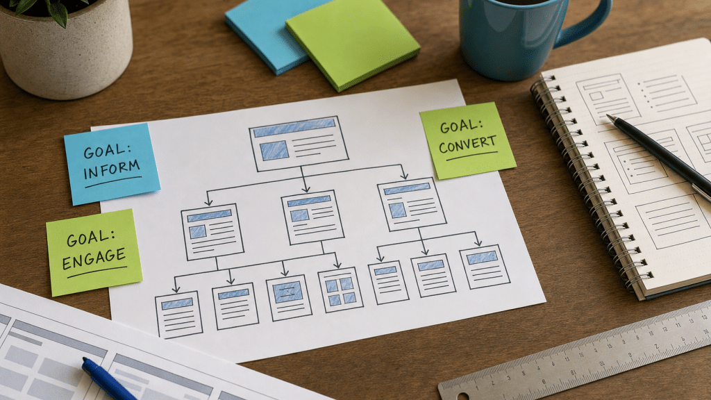 how to plan a business website — flat-lay planning workspace with sitemap sketches and notebook on a wooden desk